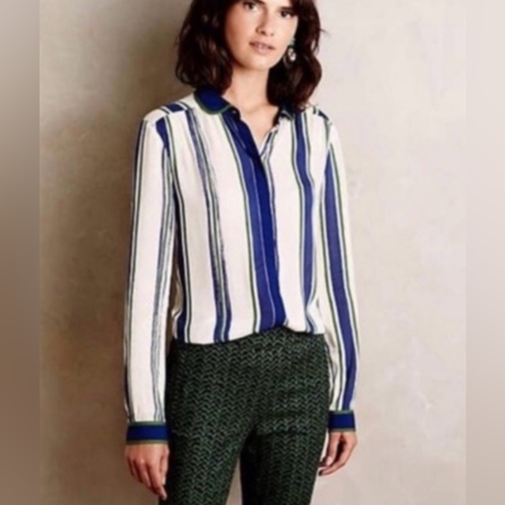 Maeve blue & green striped white lightweight sheer button up blouse